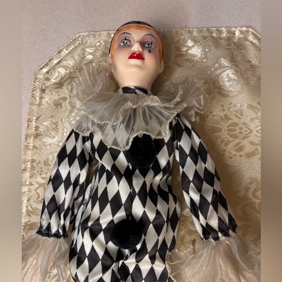 Collectible Porcelain Pierrot Or Jester Clown Doll, Hand Painted Face - Picture 2 of 11